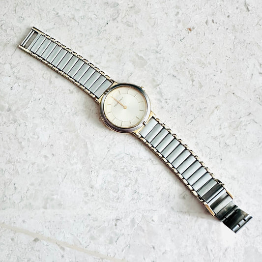YSL Yves Saint Laurent Gold & Stainless Steel Round Monogram Logo Two Tone 30MM Quartz Watch