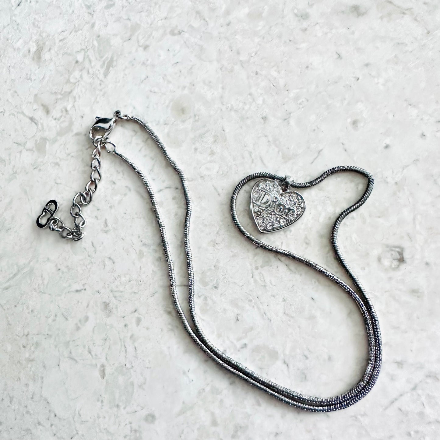 Christian Dior CD Monogram Silver Crystals Heart Chain Necklace