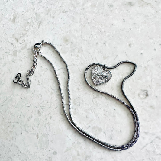 Christian Dior CD Monogram Silver Crystals Heart Chain Necklace