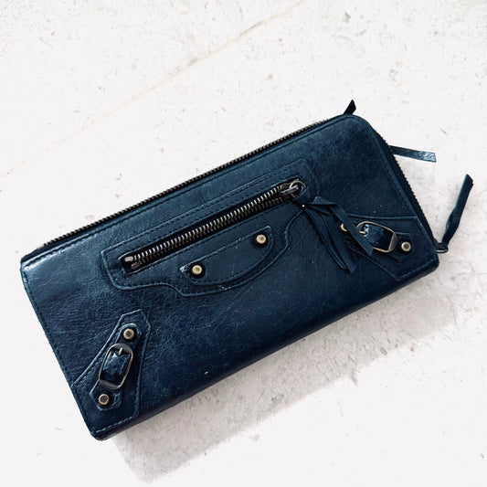Balenciaga Navy Blue Giant City Silver Studs Leather Logo Zippy Long Wallet