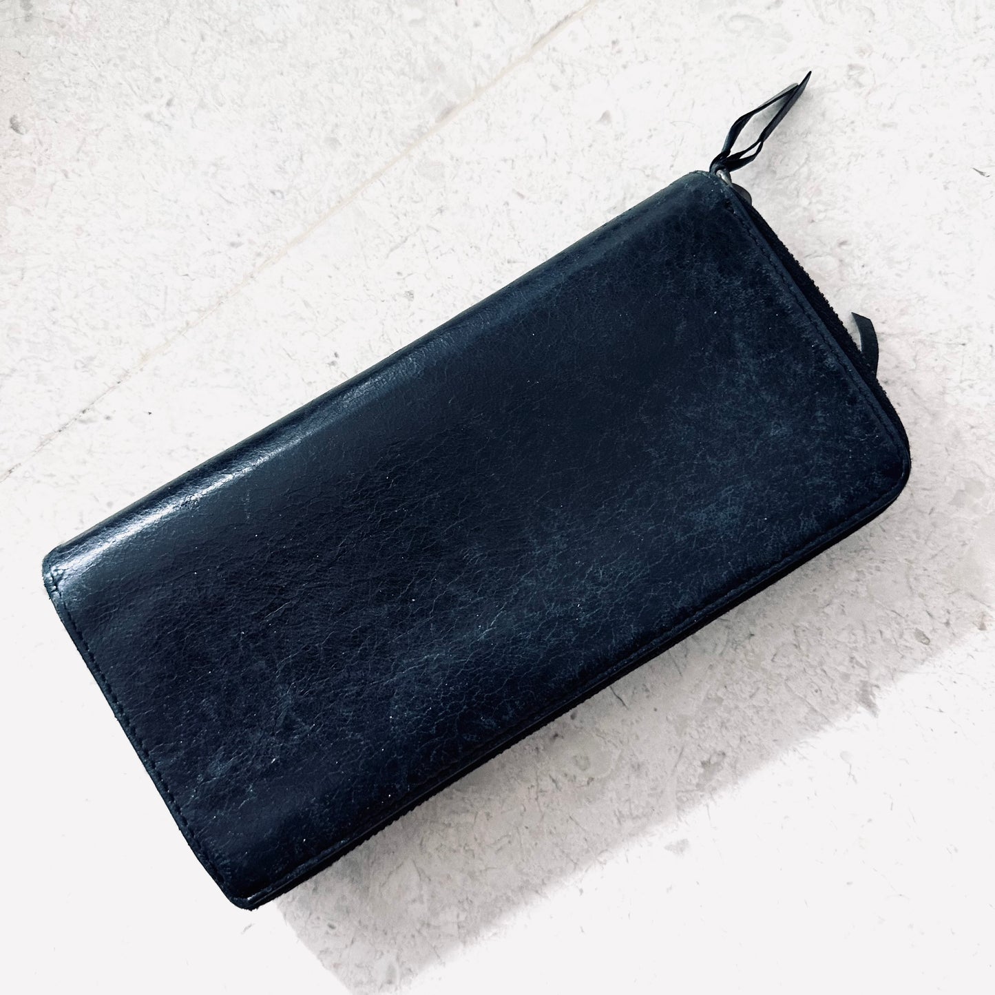 Balenciaga Navy Blue Giant City Silver Studs Leather Logo Zippy Long Wallet