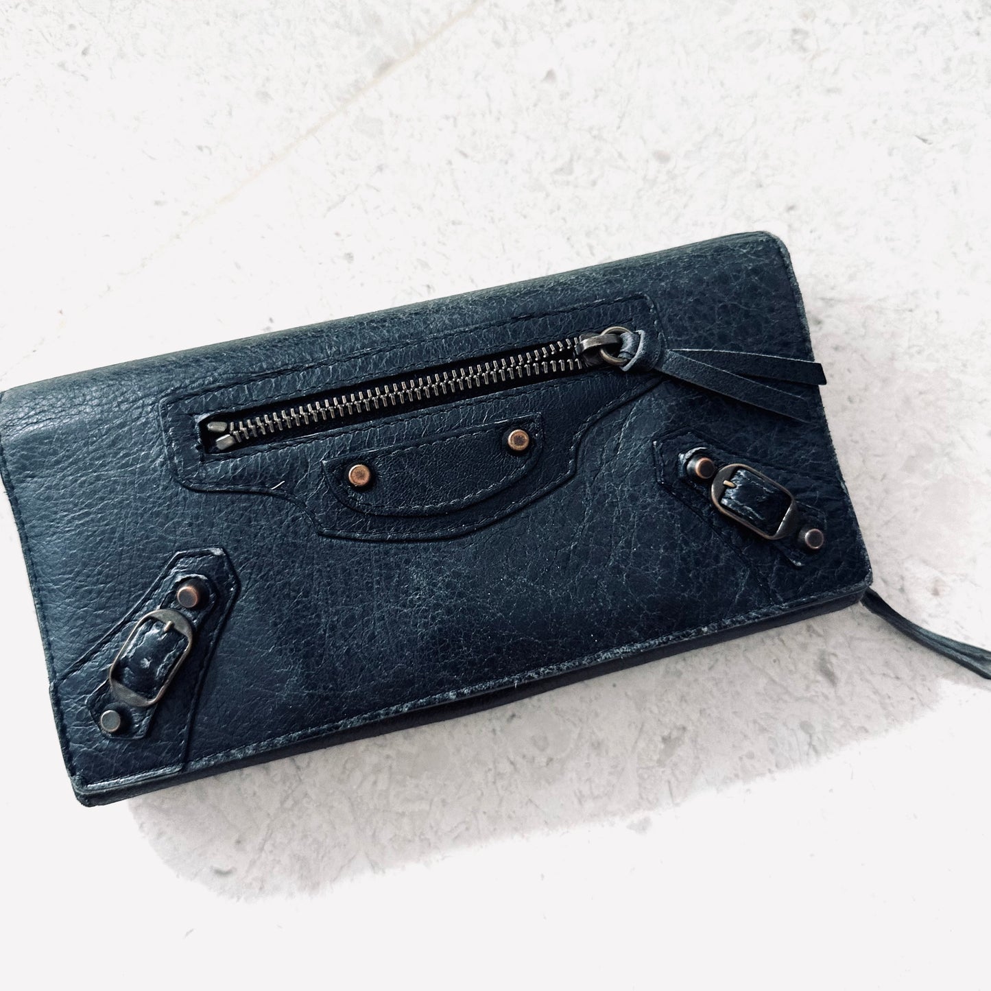 Balenciaga Black Giant City Silver Studs Leather Logo Flap Long Wallet