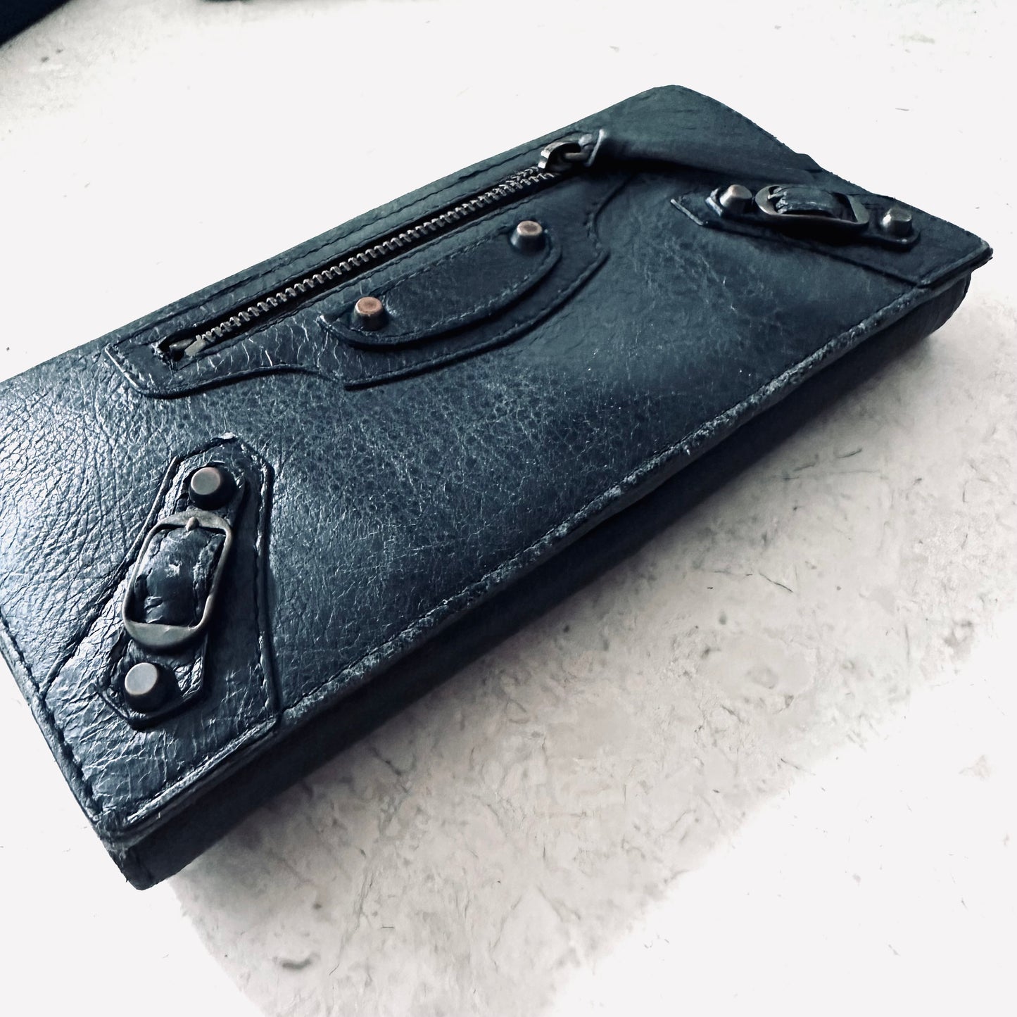 Balenciaga Black Giant City Silver Studs Leather Logo Flap Long Wallet