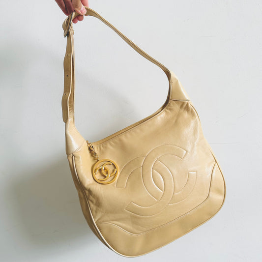 Chanel Beige GHW Giant CC Medallion Logo Lambskin Vintage Hobo Baguette Shoulder Sling Bag