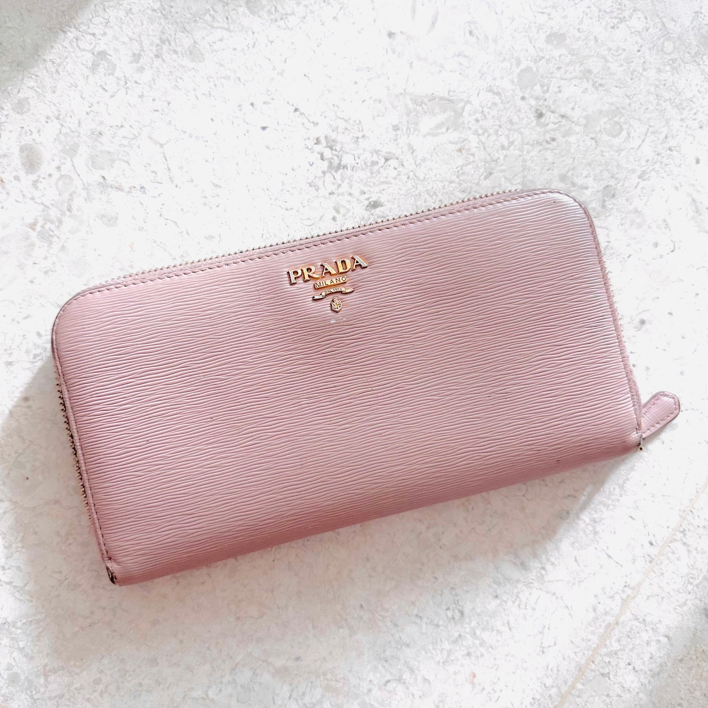 Prada Pink GHW Saffiano Leather Monogram Logo Zippy Continental Long Wallet