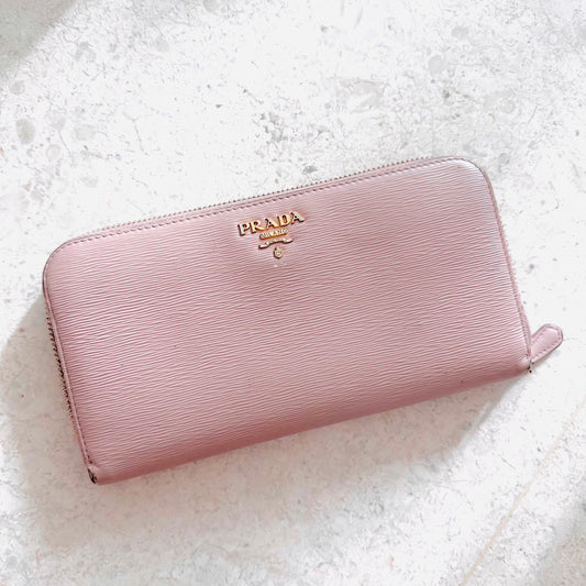 Prada Pink GHW Saffiano Leather Monogram Logo Zippy Continental Long Wallet