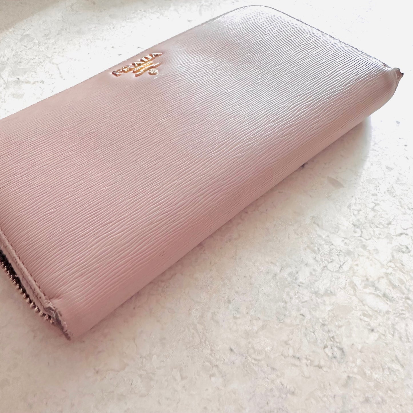 Prada Pink GHW Saffiano Leather Monogram Logo Zippy Continental Long Wallet