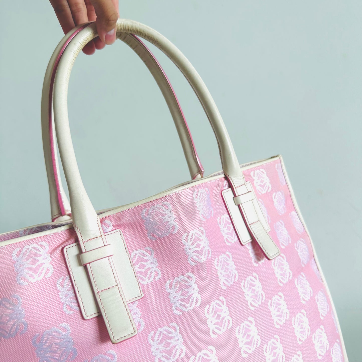 Loewe Pink / White All Over Anagram Logo Monogram Tall Vertical Shopper Shoulder Structured Tote Bag