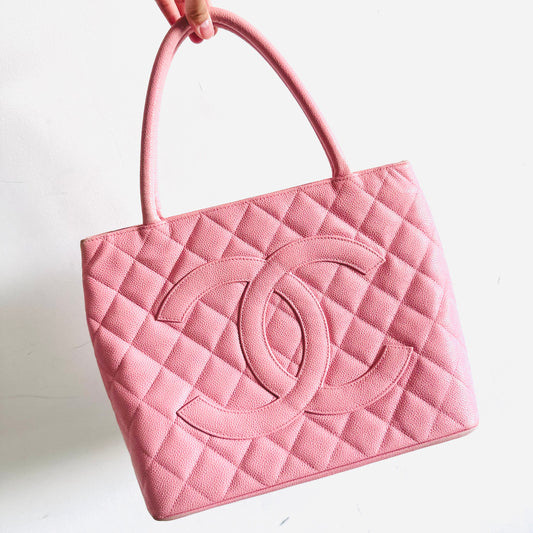 Chanel Sakura Pink Medallion Giant CC Monogram Logo Quilted Caviar Shoulder Shopper Tote Bag 9s