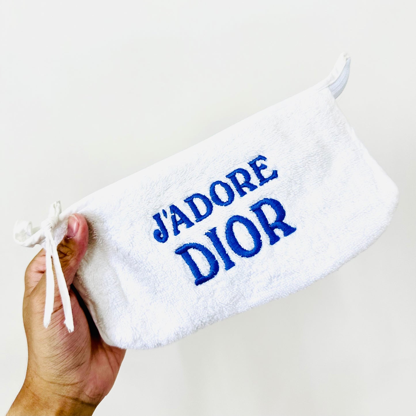 Christian Dior CD White / Navy Blue Terry Teddy Furry Monogram Logo Zip Clutch Pouch Case