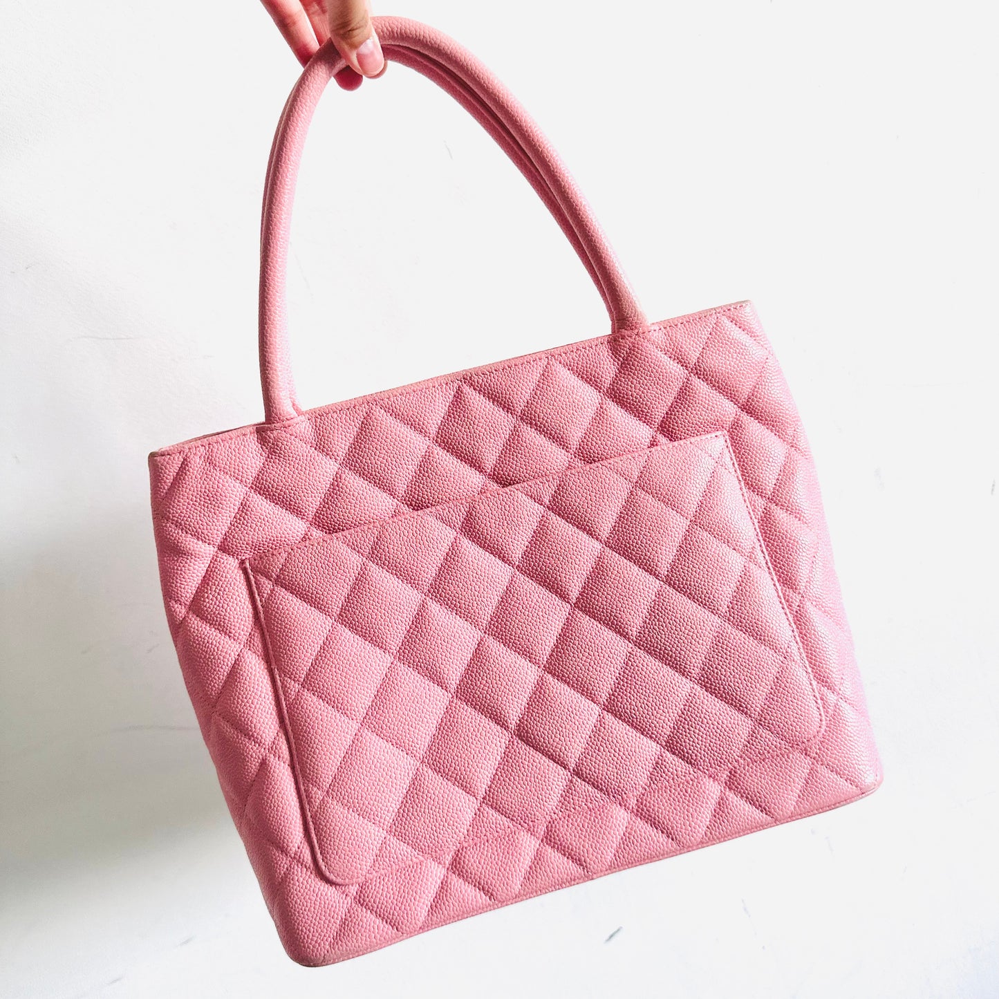 Chanel Sakura Pink Medallion Giant CC Monogram Logo Quilted Caviar Shoulder Shopper Tote Bag 9s