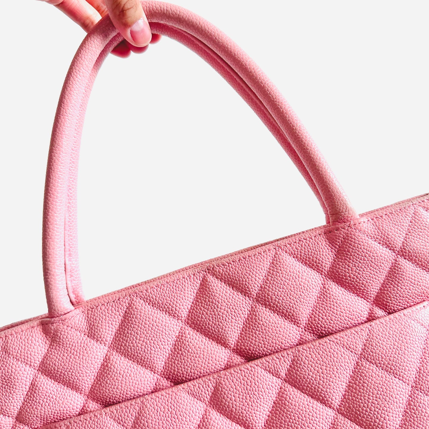 Chanel Sakura Pink Medallion Giant CC Monogram Logo Quilted Caviar Shoulder Shopper Tote Bag 9s