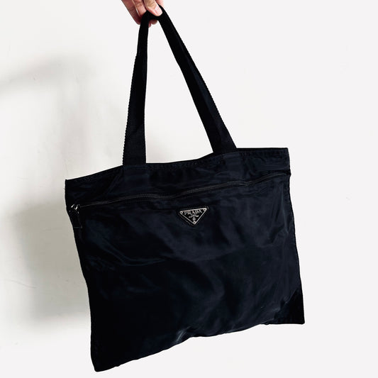 Prada Black Tessuto Classic Logo Nylon Shoulder Shopper Tote Bag