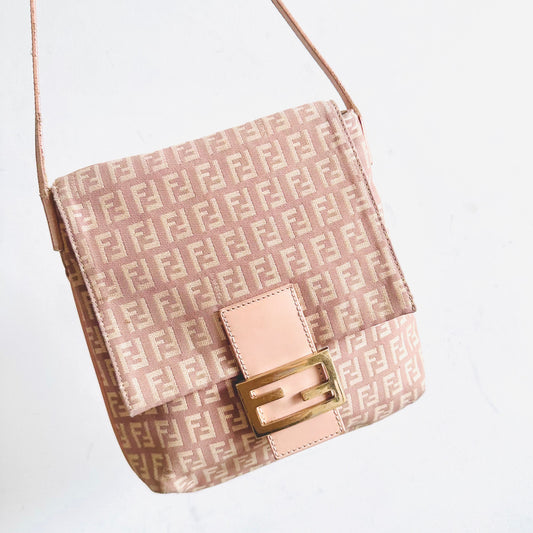 Fendi Pink GHW Zucca FF Monogram Logo Flap Shoulder Sling Bag