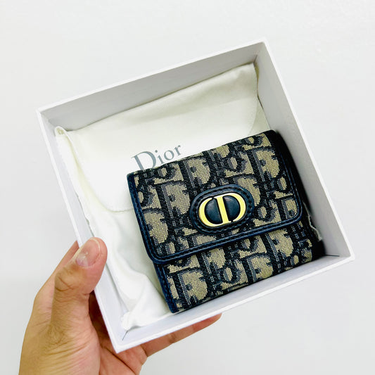 Christian Dior CD 30 Montaigne Medium Lotus Navy Blue GHW Oblique Monogram Logo Flap Compact Trifold Wallet