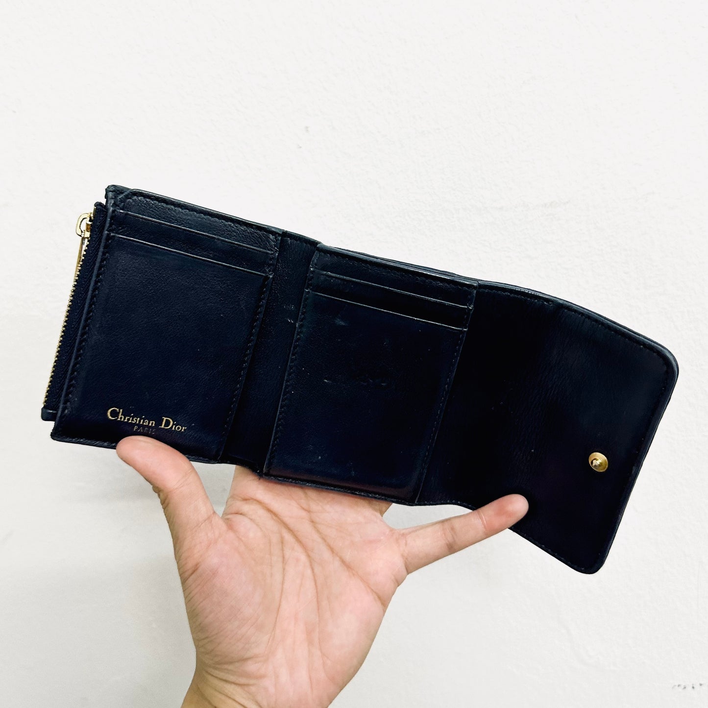 Christian Dior CD 30 Montaigne Medium Lotus Navy Blue GHW Oblique Monogram Logo Flap Compact Trifold Wallet