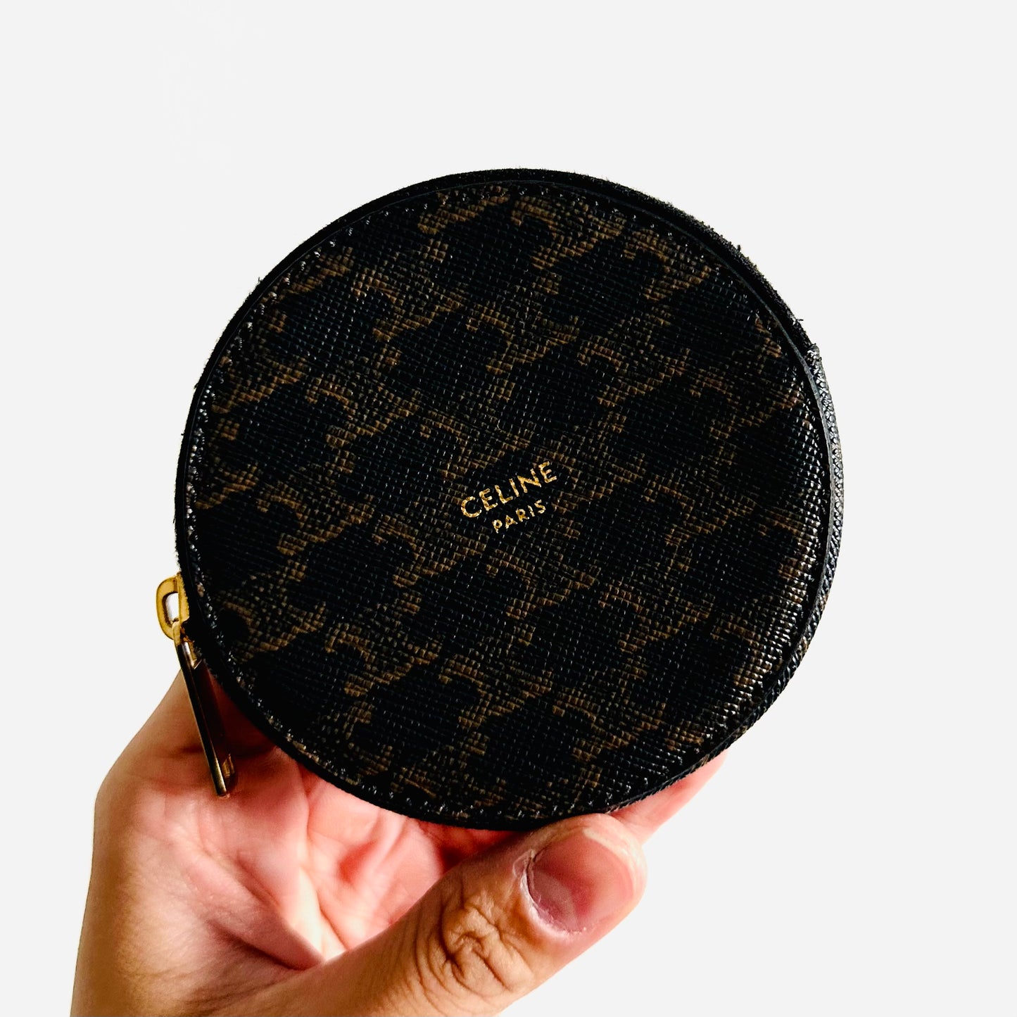 Celine Brown / Tan Triomphe Monogram Logo GHW Round Coin Purse Compact Wallet