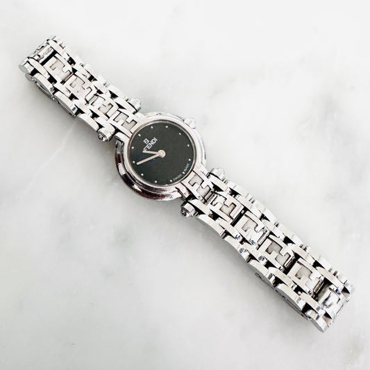 Fendi FF Monogram Logo Black Dial Round Stainless Steel 24MM Quartz Bracelet Watch
