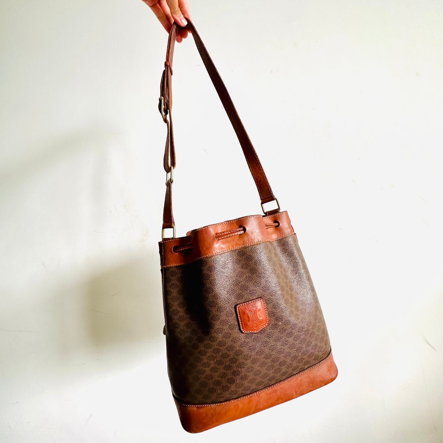Celine Triomphe Macadam Monogram Logo Vintage Bucket Shoulder Drawstring Sling Bag