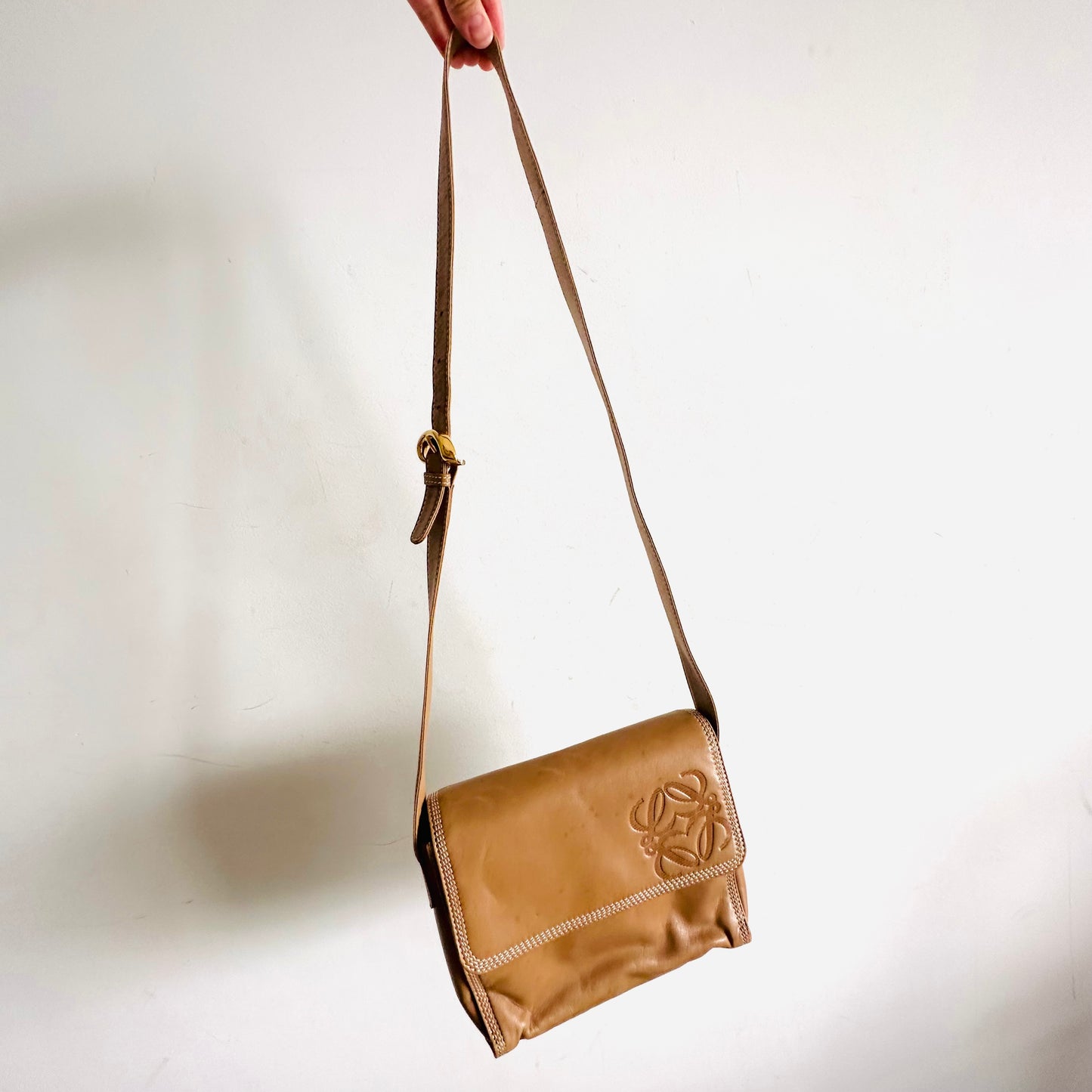 Loewe Caramel Tan Brown Giant Anagram Monogram Logo Nappa Leather Small Flap Shoulder Sling Bag