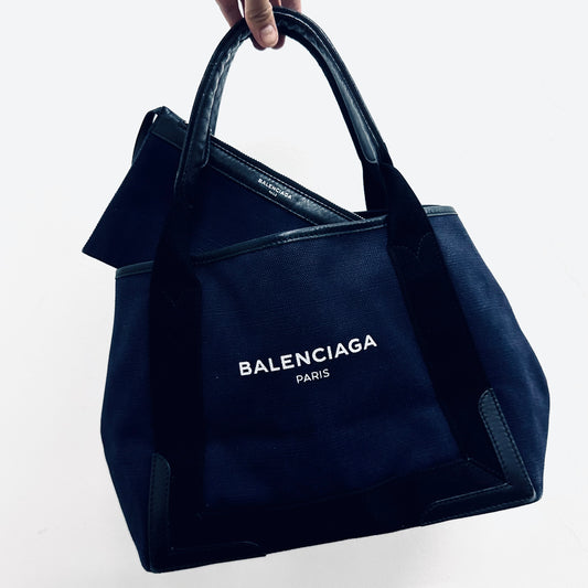 Balenciaga Cabas Navy Blue/ White Logo Small S Structured Shoulder Tote Bag With Pouch