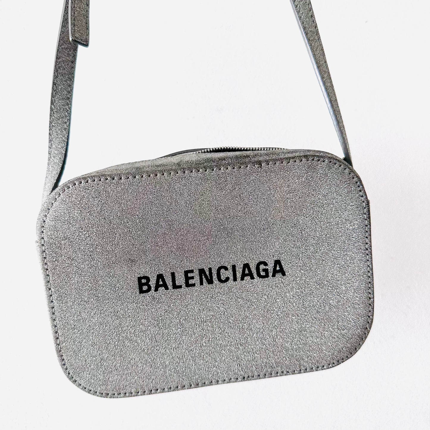 Balenciaga Metallic Silver Camera Monogram Logo Shoulder Sling Bag