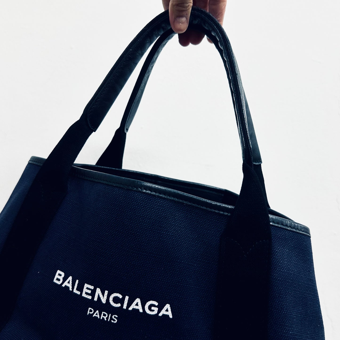 Balenciaga Cabas Navy Blue/ White Logo Small S Structured Shoulder Tote Bag With Pouch