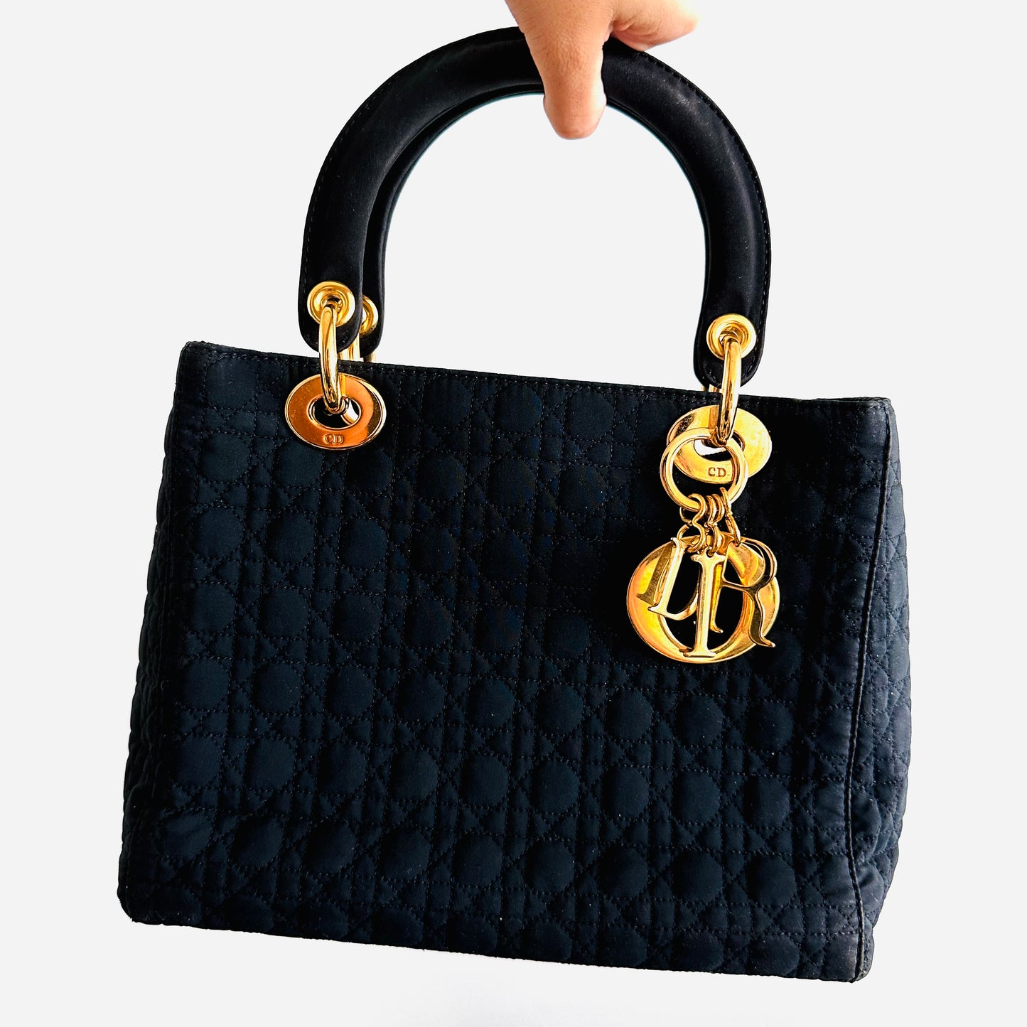 Christian Dior CD Medium Lady Dior Black GHW Quilted Cannage Jersey Fabric Top Handle Shopper Tote Bag