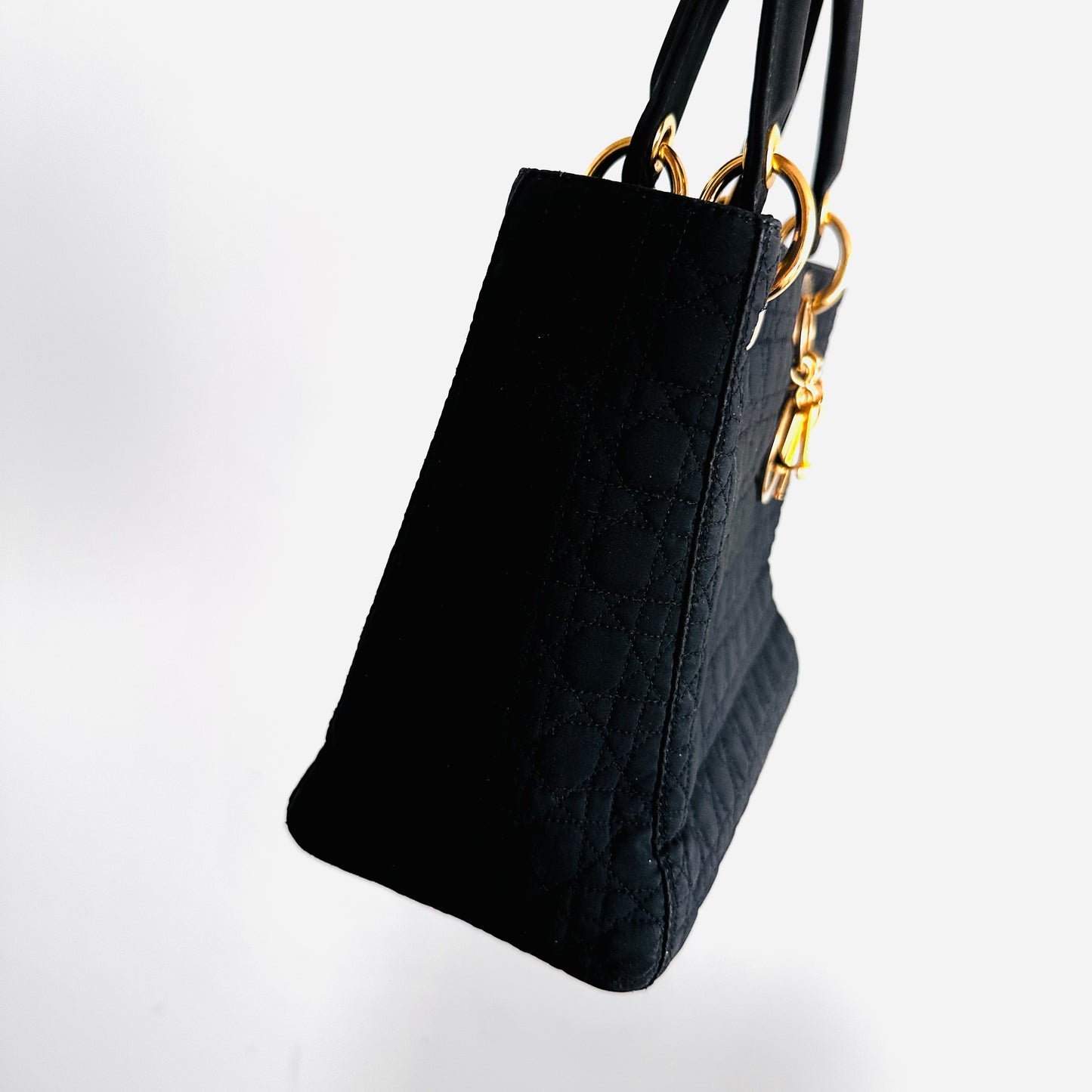 Christian Dior CD Medium Lady Dior Black GHW Quilted Cannage Jersey Fabric Top Handle Shopper Tote Bag