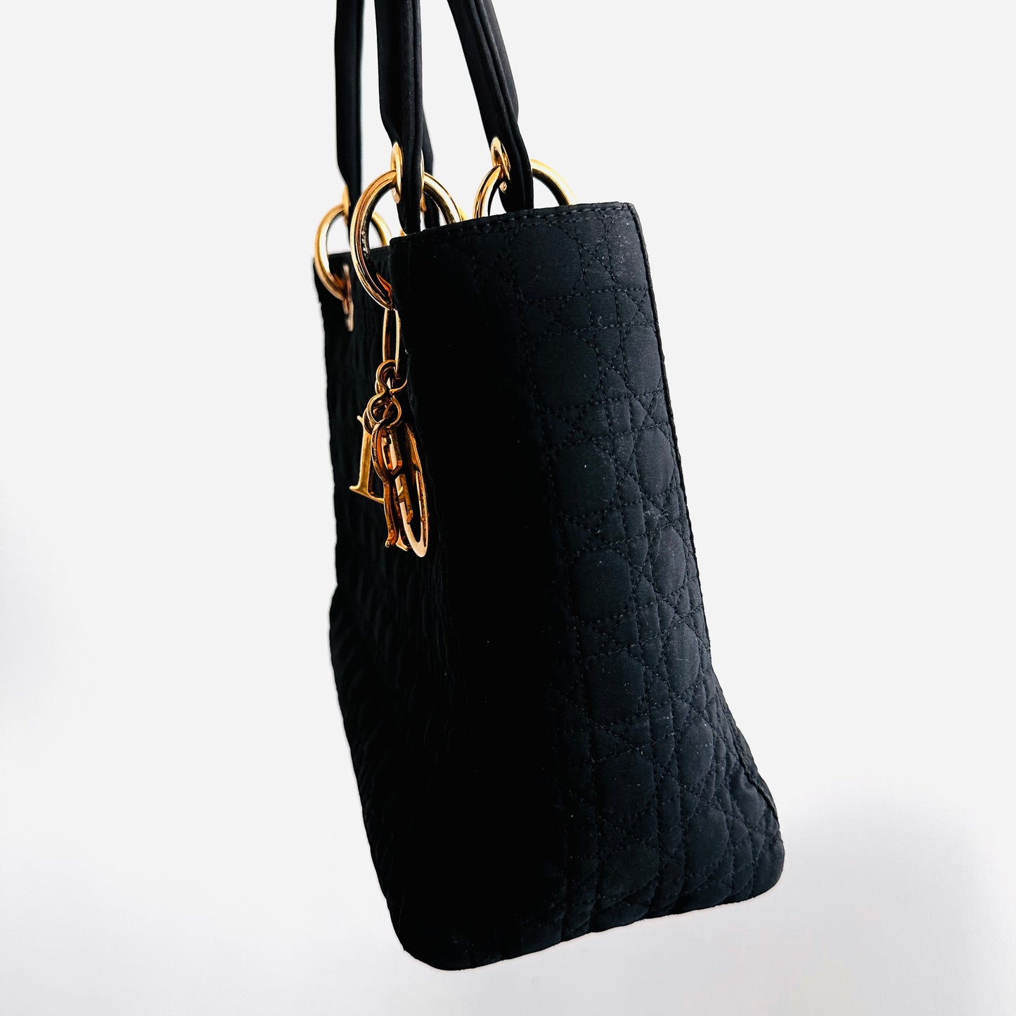 Christian Dior CD Medium Lady Dior Black GHW Quilted Cannage Jersey Fabric Top Handle Shopper Tote Bag