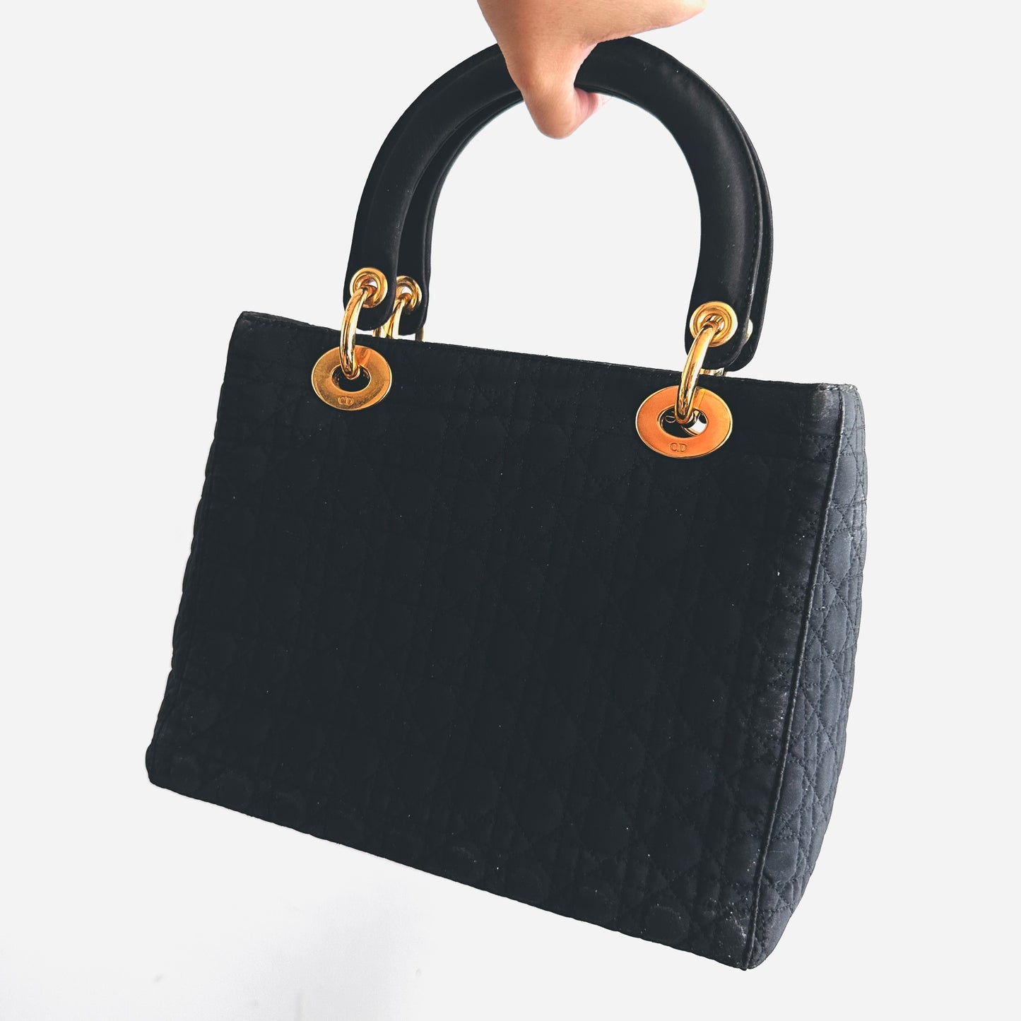 Christian Dior CD Medium Lady Dior Black GHW Quilted Cannage Jersey Fabric Top Handle Shopper Tote Bag