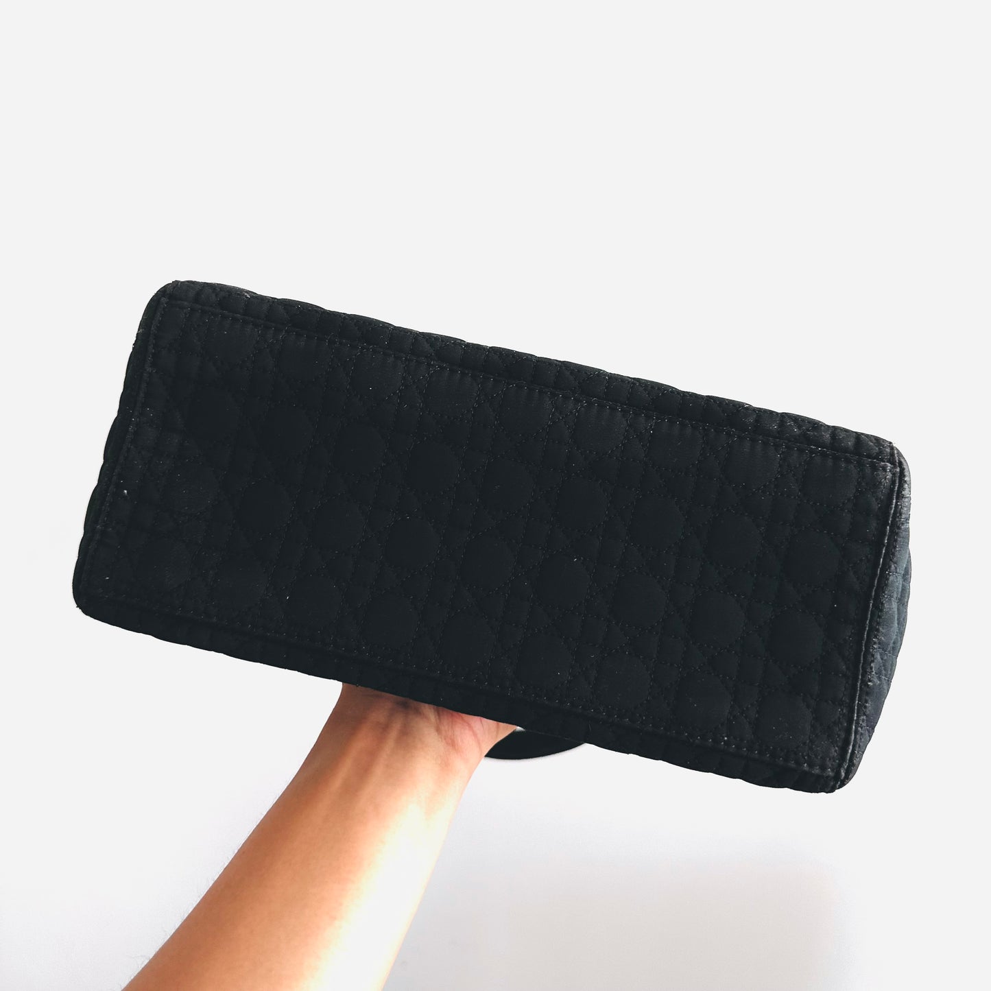 Christian Dior CD Medium Lady Dior Black GHW Quilted Cannage Jersey Fabric Top Handle Shopper Tote Bag