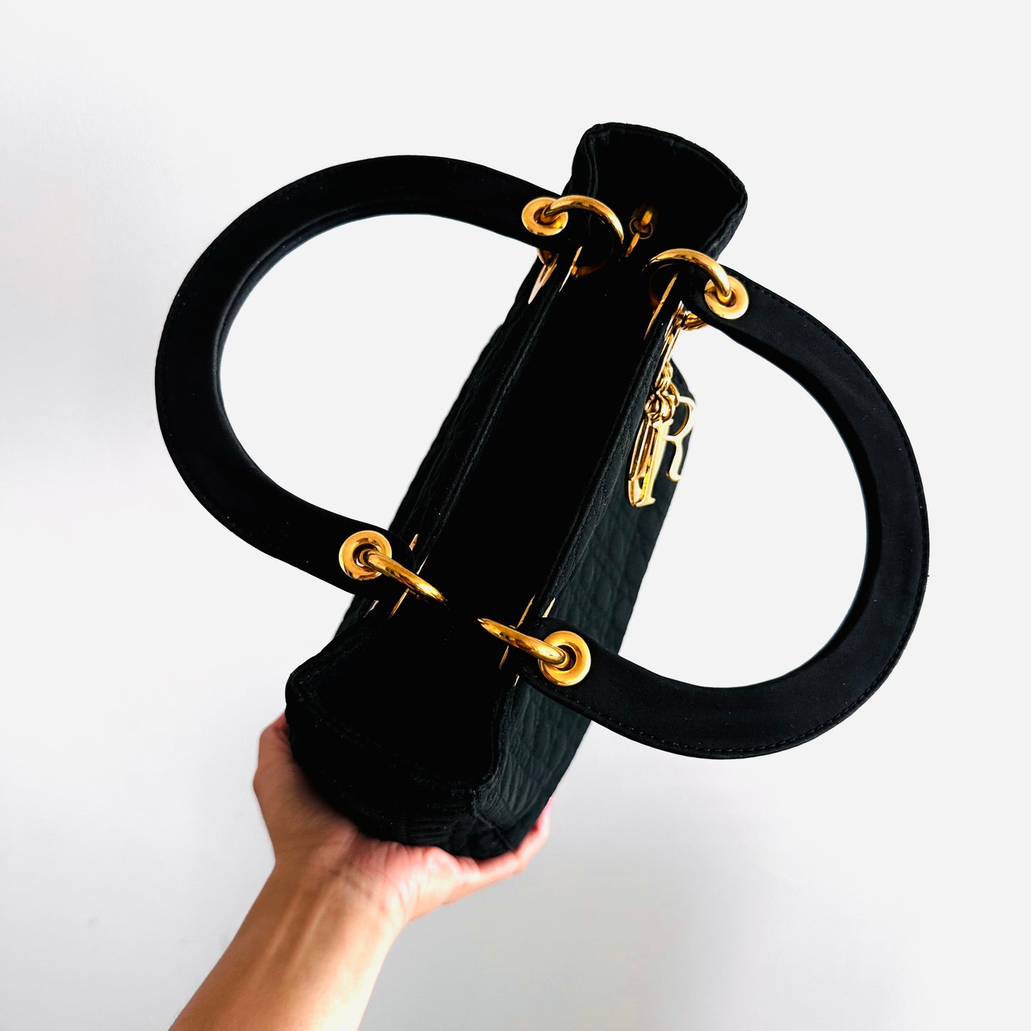 Christian Dior CD Medium Lady Dior Black GHW Quilted Cannage Jersey Fabric Top Handle Shopper Tote Bag