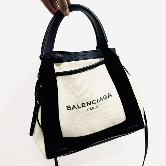 Balenciaga Black / White Cabas XS Monogram Logo 2-Way Structured Shoulder Sling Tote Bag With Pouch