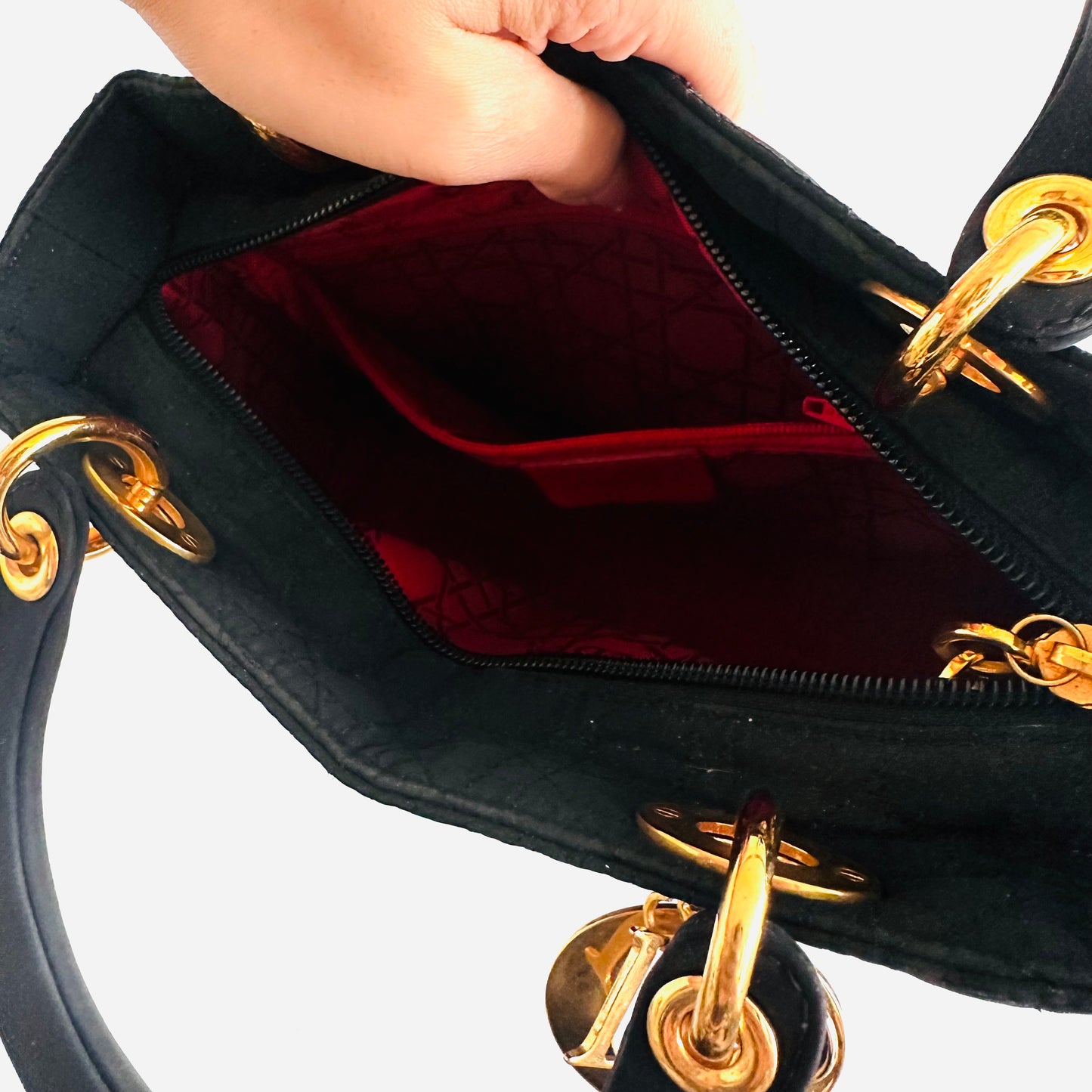 Christian Dior CD Medium Lady Dior Black GHW Quilted Cannage Jersey Fabric Top Handle Shopper Tote Bag