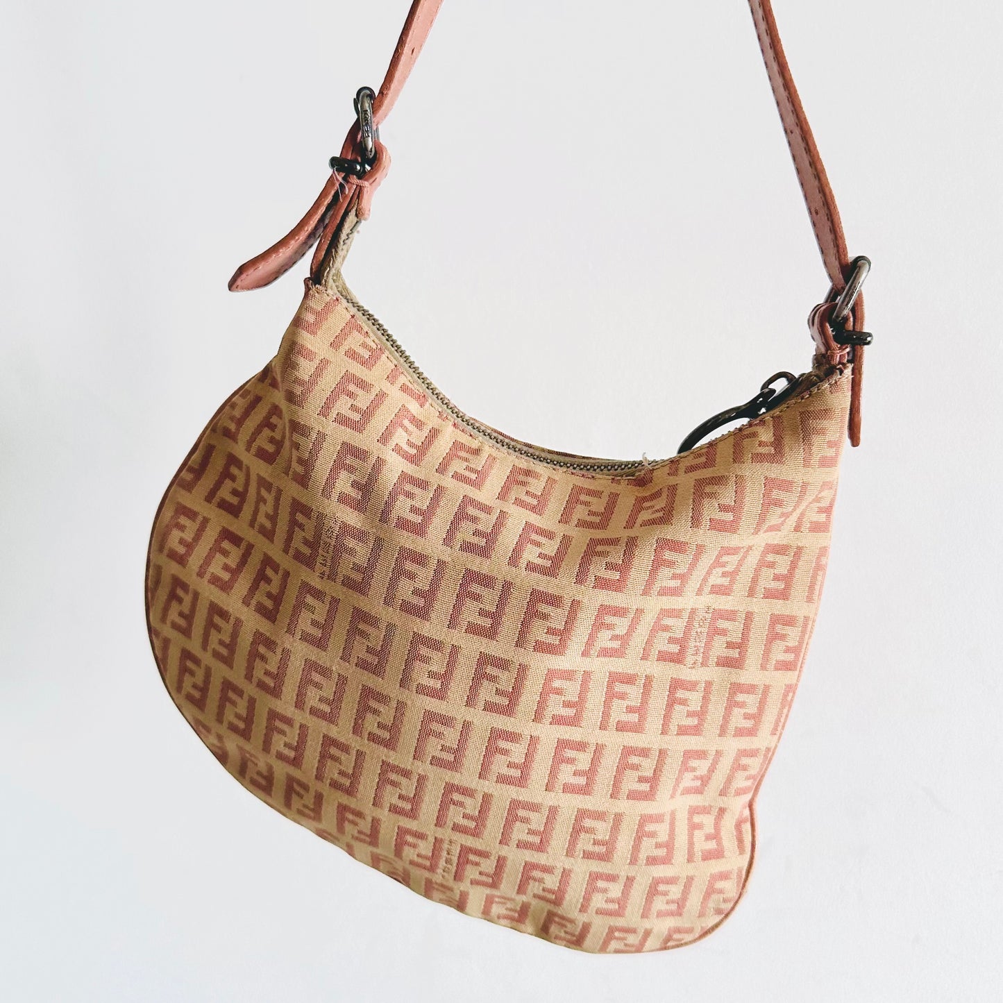 Fendi Pink Zucca FF Logo Monogram Saddle Hobo Baguette Pochette Shoulder Sling Bag