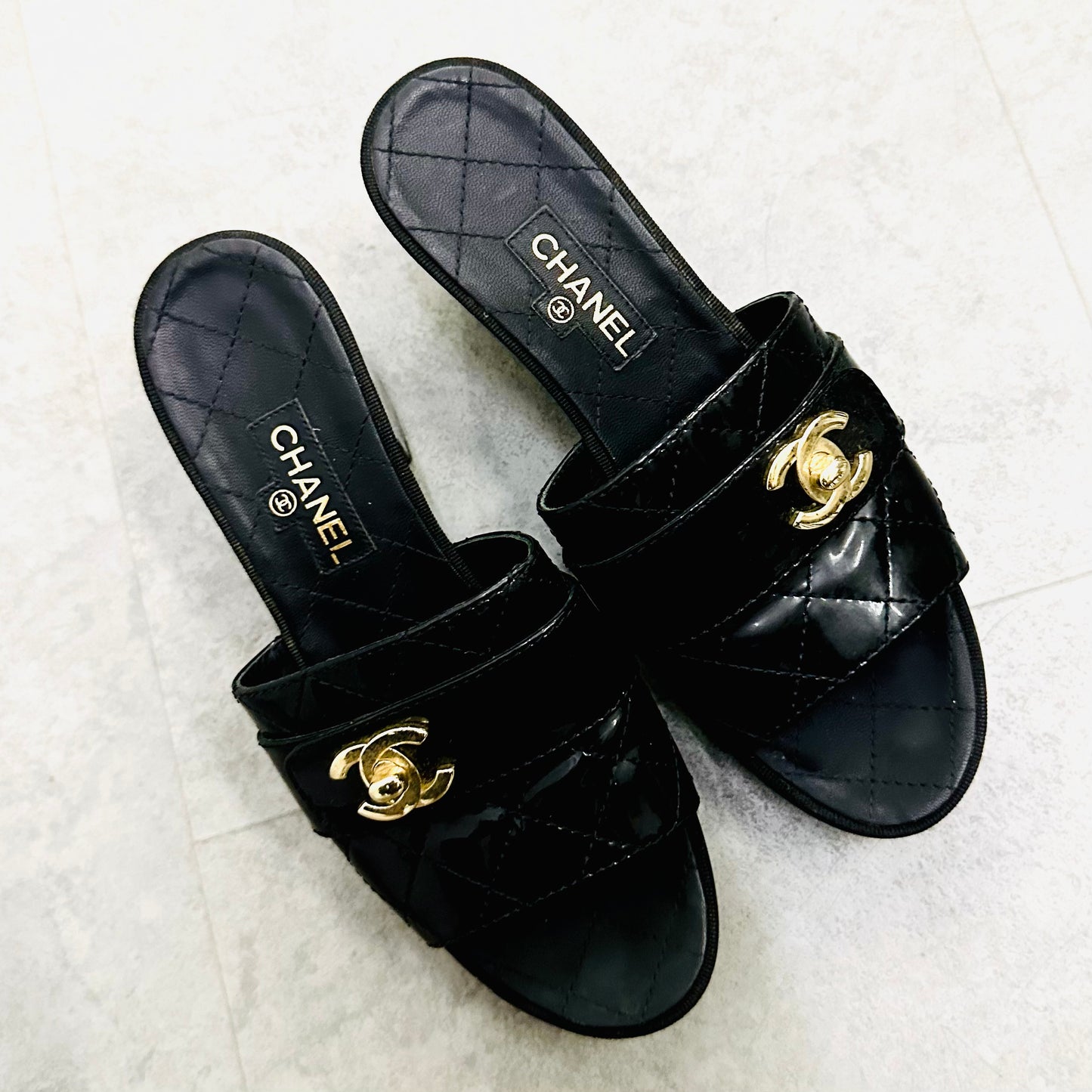 Chanel Classic Giant Turnlock CC Logo Black Gold Hardware GHW Quilted Leather Mules Platform Heels Slides Sandals Pumps Shoes