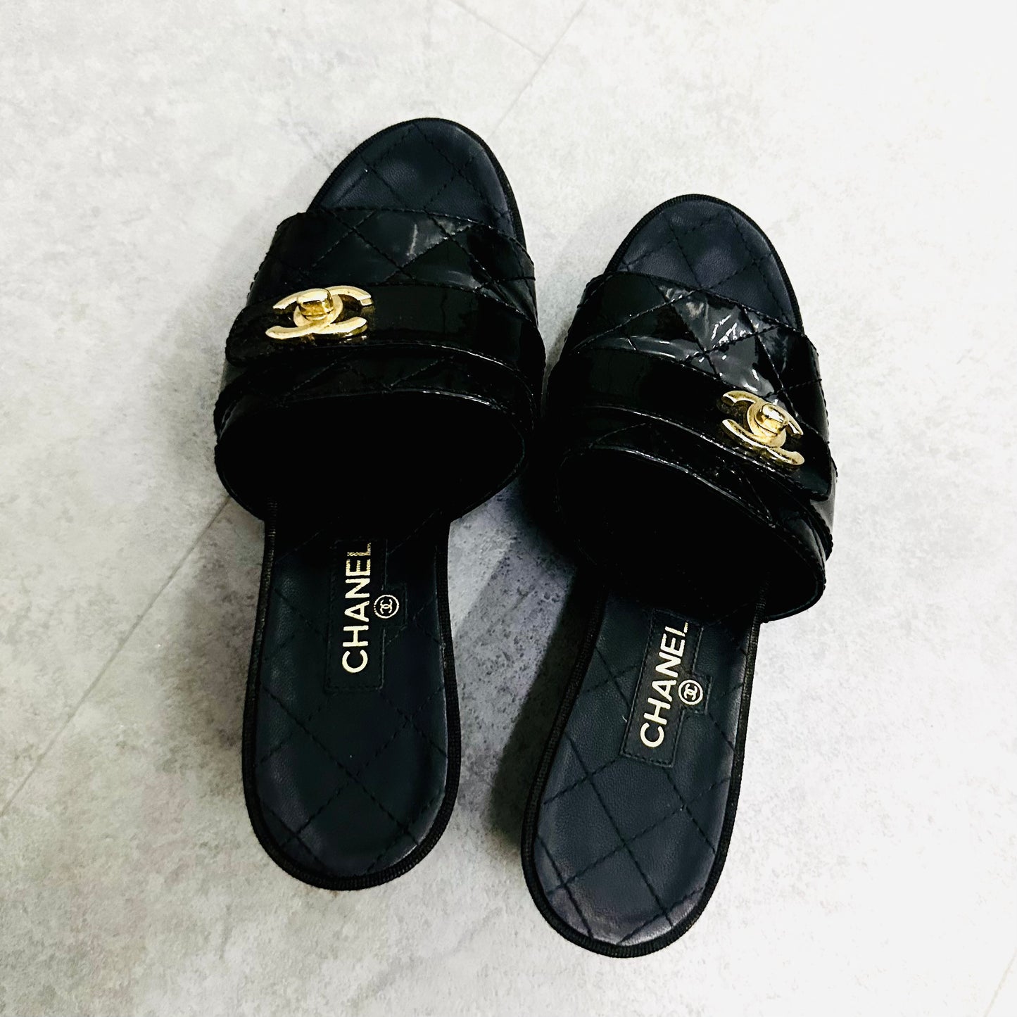 Chanel Classic Giant Turnlock CC Logo Black Gold Hardware GHW Quilted Leather Mules Platform Heels Slides Sandals Pumps Shoes