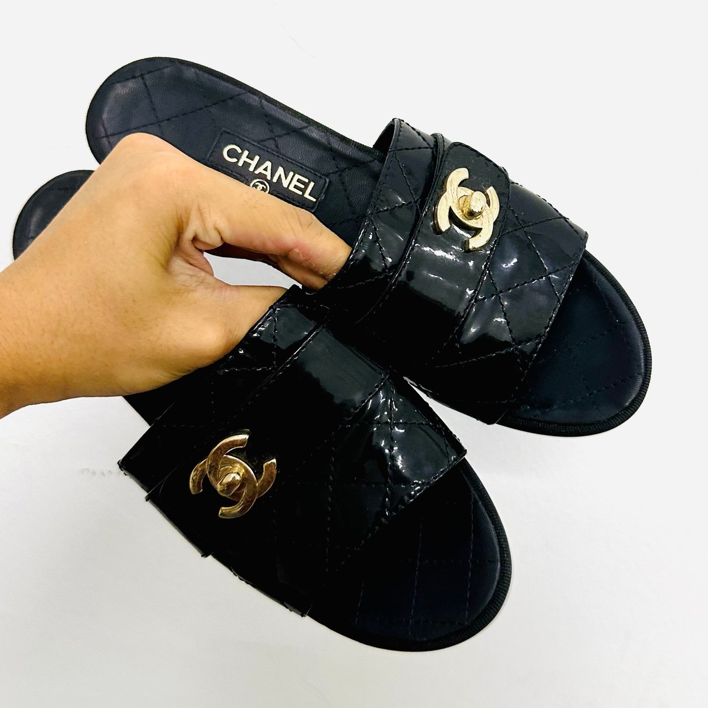 Chanel Classic Giant Turnlock CC Logo Black Gold Hardware GHW Quilted Leather Mules Platform Heels Slides Sandals Pumps Shoes