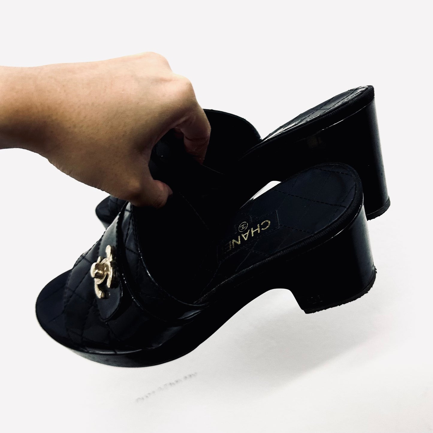 Chanel Classic Giant Turnlock CC Logo Black Gold Hardware GHW Quilted Leather Mules Platform Heels Slides Sandals Pumps Shoes