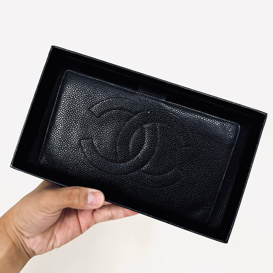 Chanel Black GHW CC Logo Caviar Vintage Flap Bifold Long Wallet 5s