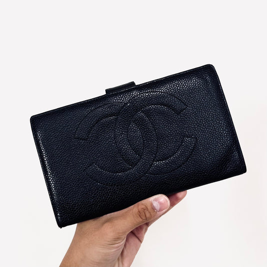 Chanel Black GHW CC Logo Caviar Vintage Flap Bifold Long Wallet 5s