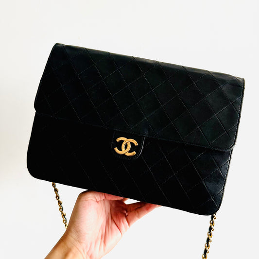 Chanel Black GHW Medium Classic Single Square Flap CC Logo Quilted Lambskin Vintage Shoulder Sling Bag