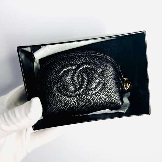 Chanel Black GHW Giant CC Logo Caviar Mini Zip Pouch Clutch Case