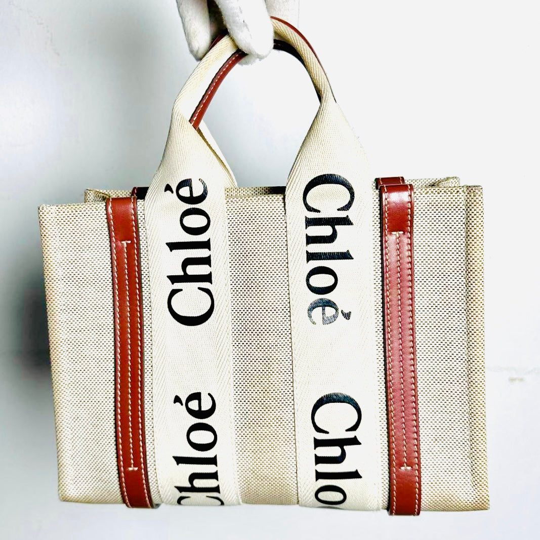 Chloe Woody Beige / Brown Monogram Logo 2-Way Small Shoulder Shopper Sling Tote Bag