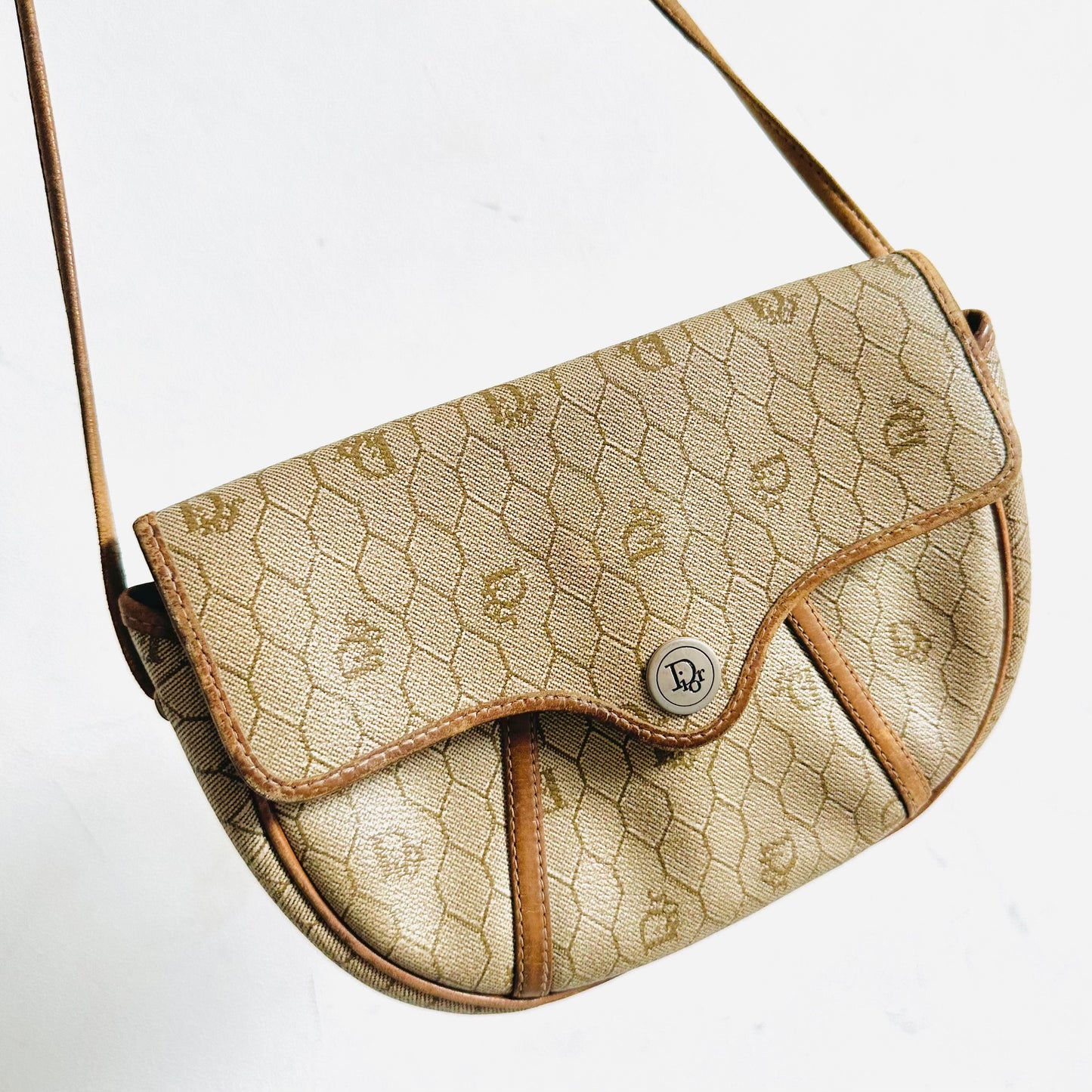 Christian Dior CD Beige Honeycomb Oblique Monogram Logo Vintage Flap Small Shoulder Sling Bag