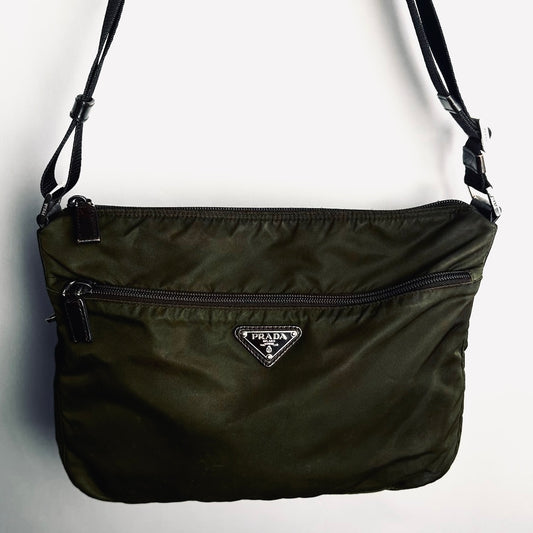 Prada Khaki Tessuto Nylon & Leather Classic Logo Camera Shoulder Sling Bag