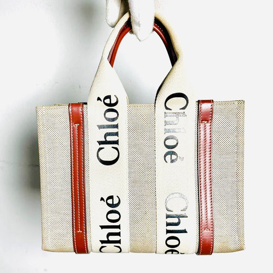 Chloe Woody Beige / Brown Monogram Logo 2-Way Small Shoulder Shopper Sling Tote Bag