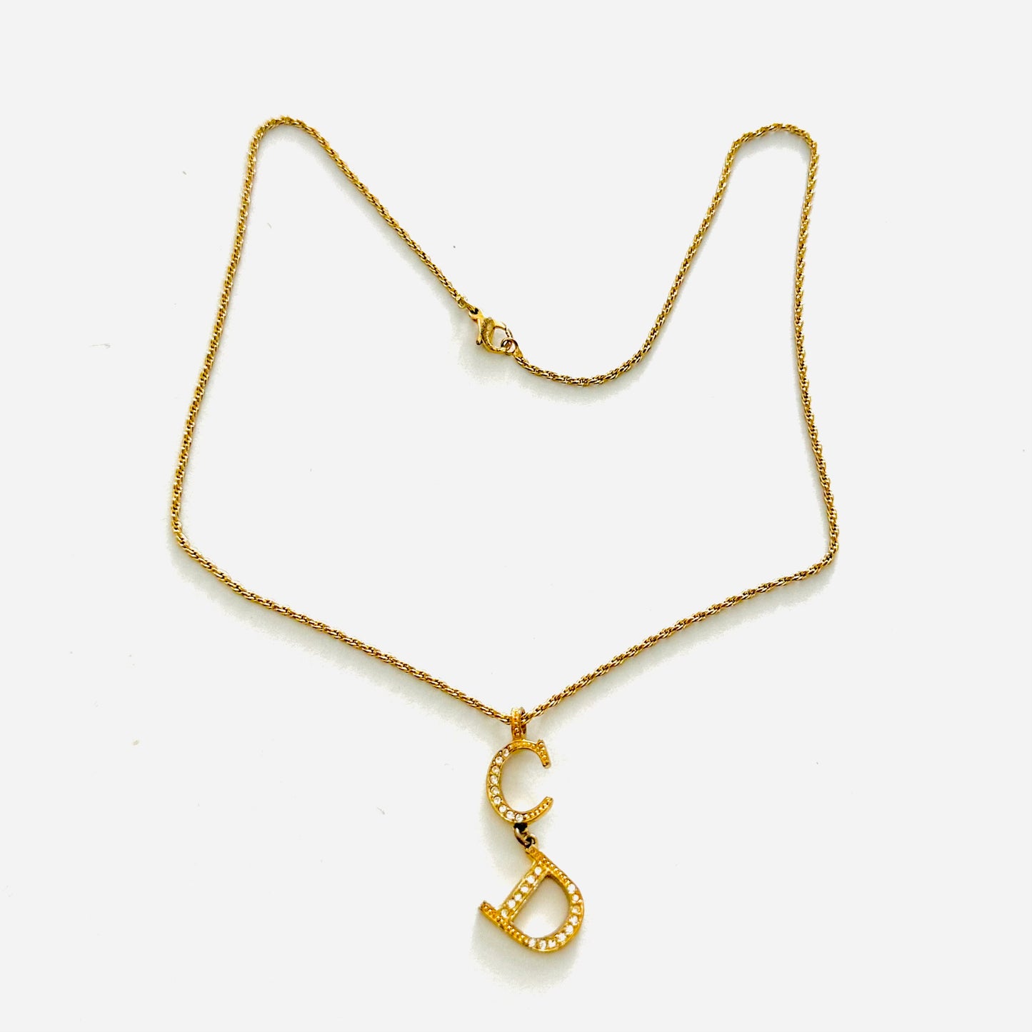 Christian Dior CD Gold Monogram Giant Logo Charm With Crystals Signature Classic Necklace