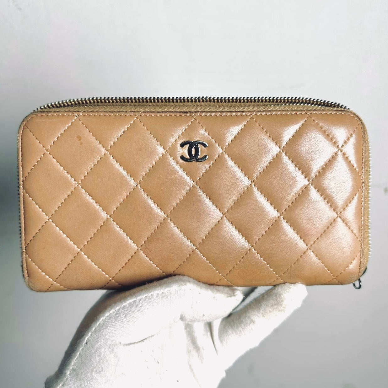 Chanel Zippy Warm Taupe Beige CC Logo Quilted Lambskin Zip Around Long Wallet 18s
